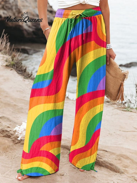 Women's Olorful Stripes Curved Rainbow Print Cotton And Linen Casual Pants