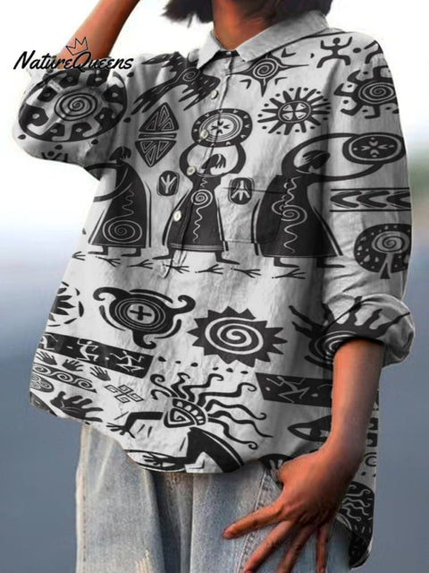 Retro Mural Style Decoration Casual Cotton And Linen Shirt