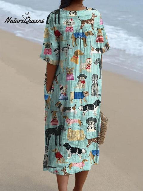 Lovely Puppy Dogs Pattern Printed Women's Flowy Dress