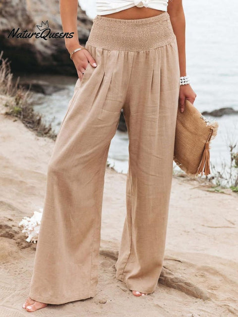 Women’s Cotton And Linen Elasticated Waist - Waisted Wide - Leg Pants Khaki / S