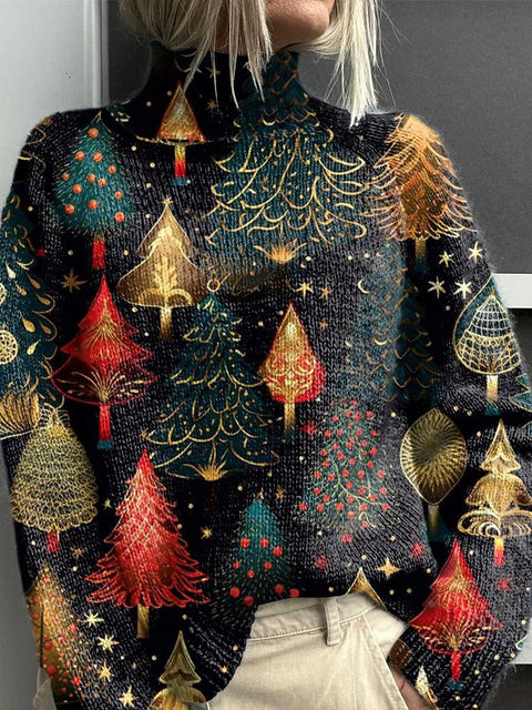 Women's Lovely Christmas Tree Art Print Knit Turtleneck Pullover Sweater