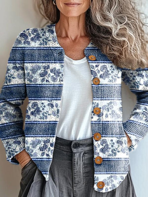 Blue Horizontal Striped Flowers Print Buttoned Cardigan Sweater