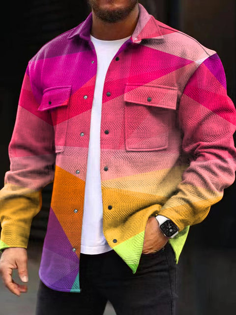 Men's Fashion Casual Long Sleeved Jacket with Colorful Triangular Splicing Print