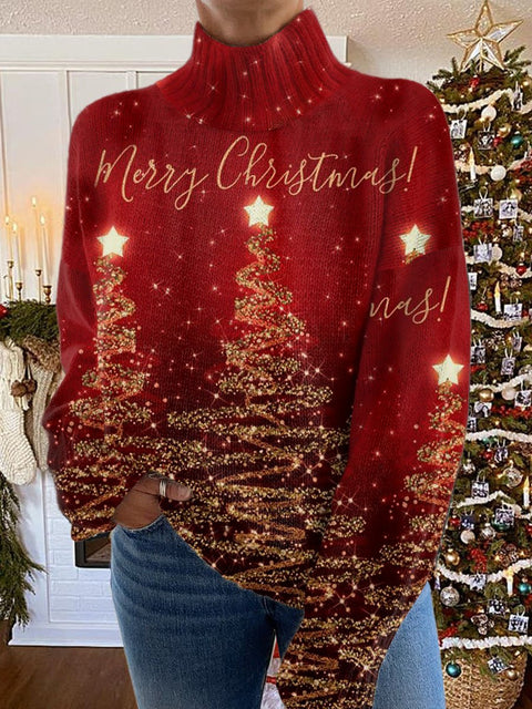 Glitter Christmas Print Knit Turtleneck Pullover Sweater