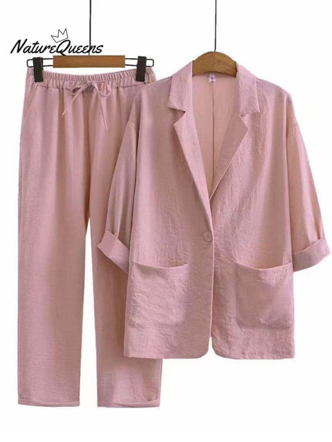 Women's Solid Color Loose Casual Cotton And Linen Jacket Pants Suit