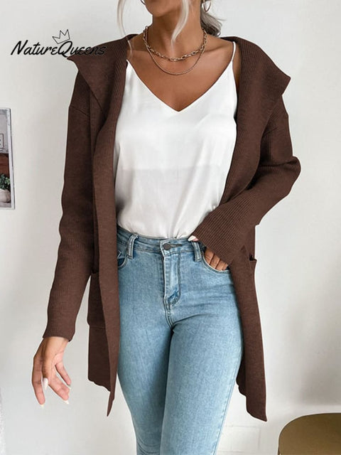 Autumn and Winter Women's Hooded Pit Knitted Sweater Cardigan Jacket