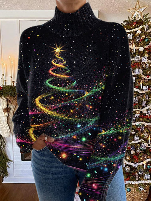 Glitter Christmas Print Knit Turtleneck Pullover Sweater