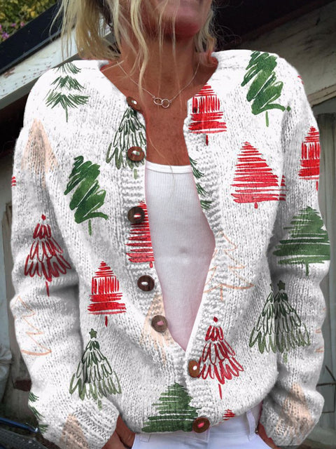 Graffiti Christmas Red Green Christmas Tree Print Buttoned Cardigan Sweater