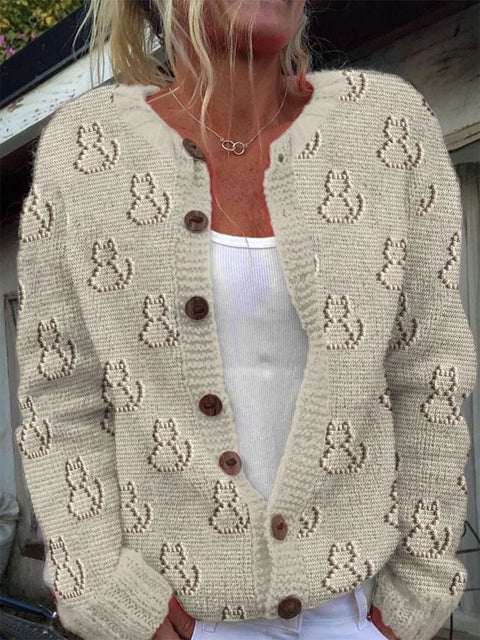 Retro Cat Art Print Buttoned Cardigan Sweater