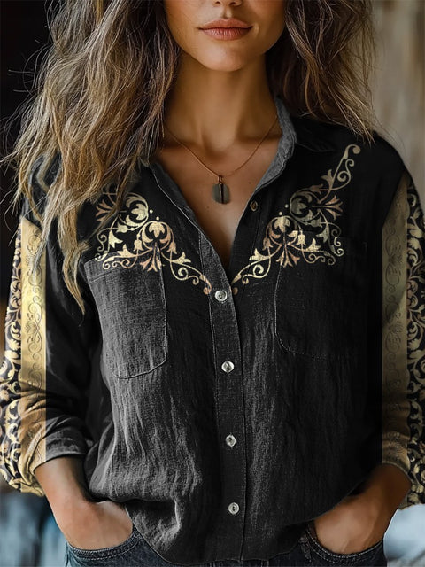 Elegant Ethnic Floral Art Printed Women's Casual Long Sleeve Comfortable Cotton Shirt