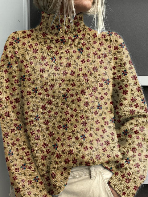 Retro Pastoral Small Flowers Print Knit Turtleneck Pullover Sweater
