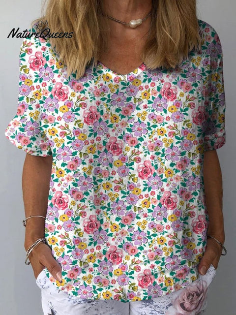 Retro Style Small Floral Garden Pattern Printed Women's Casual Cotton And Linen Shirt