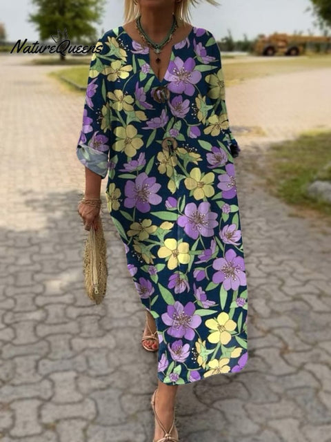 Retro Style Purple And Yellow Floral Pattern Printed Women's Pocket Cotton Dress