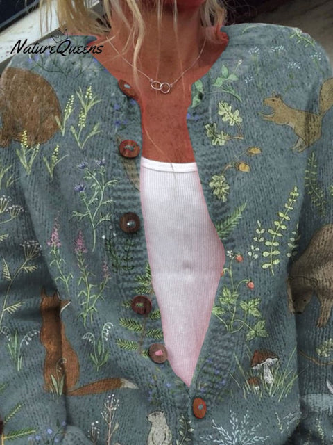 Midnight Woodland And Animal Pattern Printed Buttoned Cardigan Sweater