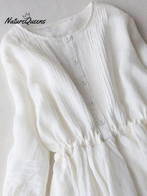 Medium Sleeved Cotton Linen Loose Lace Up Pleated Large Swing Dress