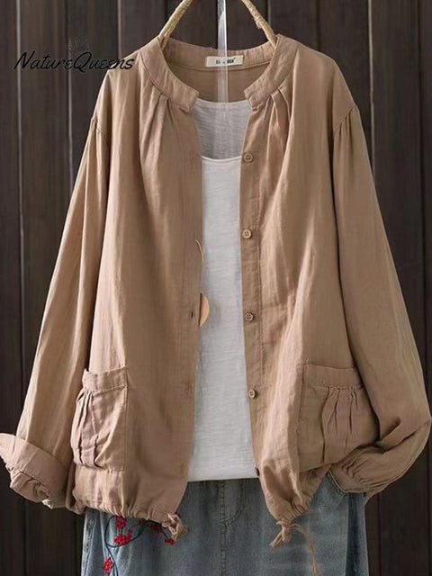 Women's Retro Style Cotton Yarn Solid Color Jacket
