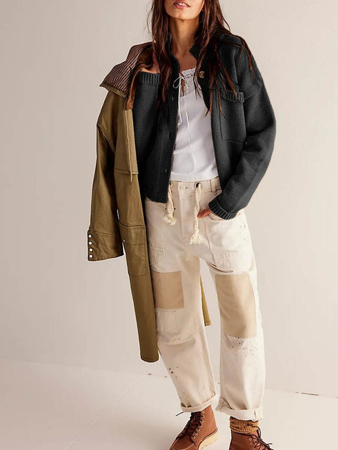 Women's Stylish Casual Long Sleeve Solid Color Loose Knitted Cardigan Sweater