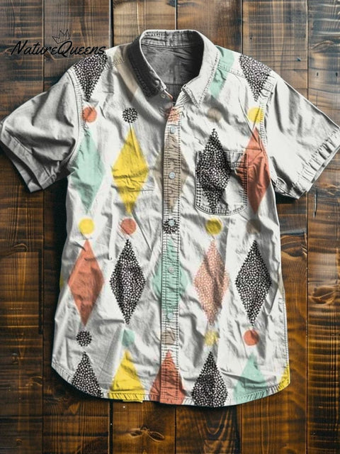Rhombus Color Splicing Art Print Casual 100% Cotton Shirt