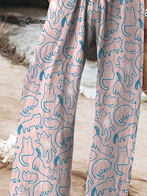 Women's Lovely Cute Cats Art Printed Cotton And Linen Casual Pants