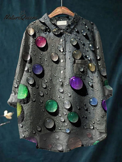 Rainbow Color Water Droplet Art Printed Women's Casual Cotton And Linen Shirt