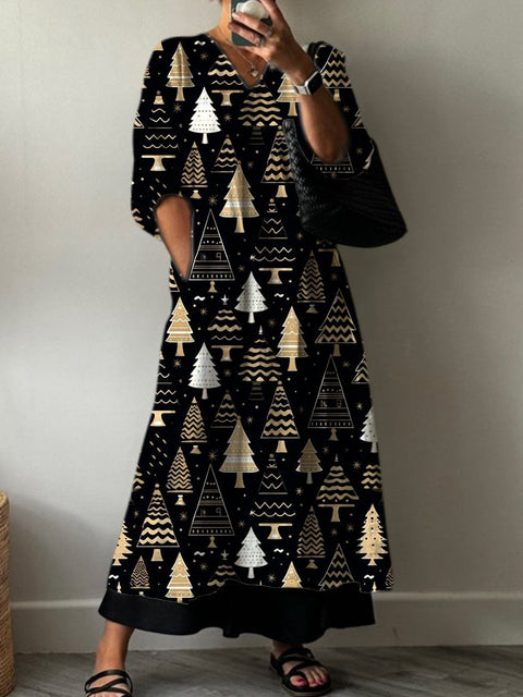 Women's Black and Gold Christmas Tree Print Pocket V-neck Cotton Dress