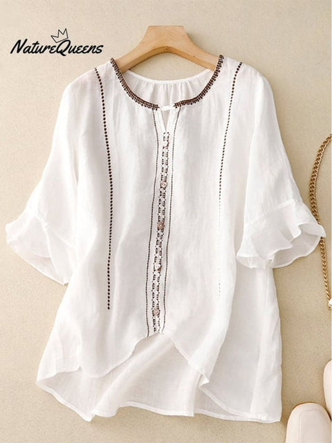 Loose Casual Embroidered Ruffle Sleeve Patchwork Shirt