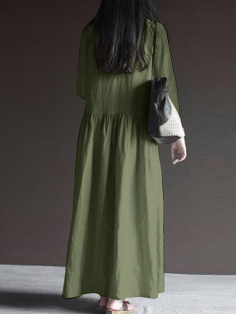 Women's Stylish Casual Loose Long Sleeve Solid Color V-neck Elegant Long Dress