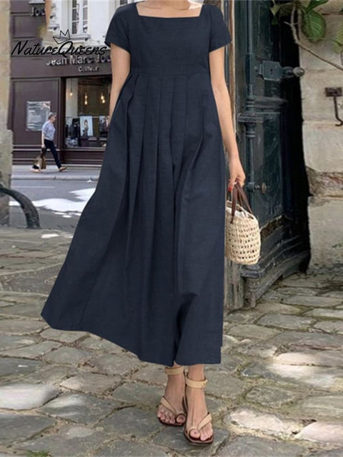 Elegant Casual Maxi Dress In Cotton And Linen Blue / S