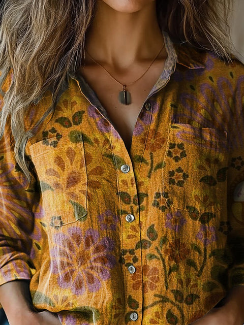 Tropical Floral And Bird Pattern Printed Women's Casual Long Sleeve Comfortable Cotton Shirt