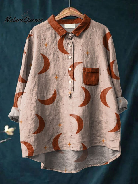 Moon and Stars Decorative Pattern In Orange Tones Casual Cotton And Linen Shirt