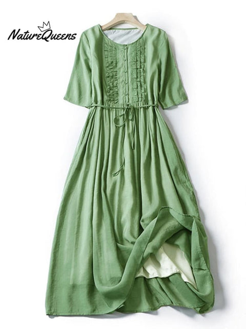 Double Layered Lace Up Waist Up Cotton Linen Middle Sleeve Dress