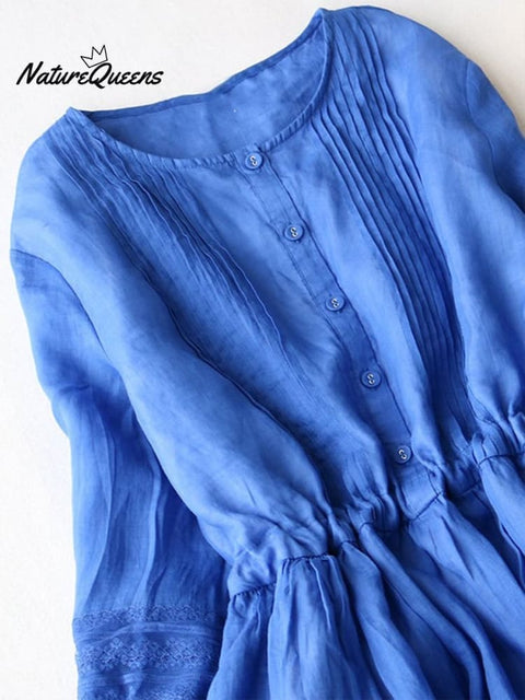 Medium Sleeved Cotton Linen Loose Lace Up Pleated Large Swing Dress