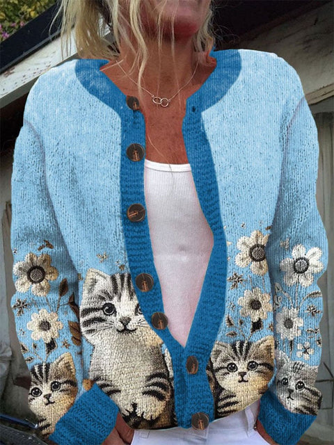 Retro Cat Art Print Buttoned Cardigan Sweater