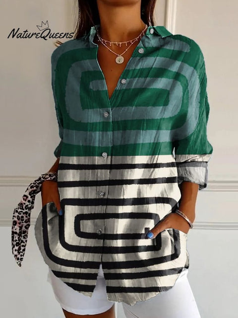 Abstract Geometric Swirl Art Printed Women's Casual Cotton Shirt