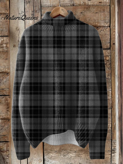 Black And Gray Check Pattern Printed Knit Turtleneck Pullover Sweater