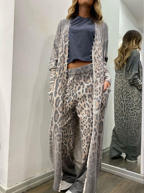 Women's Leopard Print Long Sleeve Cardigan Jacket And Long Pants Two Piece Set Outfit