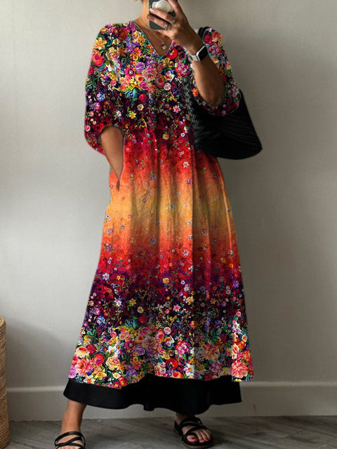 Women's Red Gradient Floral Art Print Pocket V-neck Cotton Dress