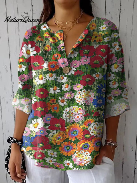 Colorful Summer Garden Pattern Printed Women's Casual Cotton Linen Shirt