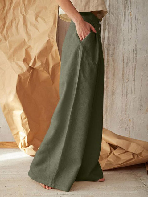 Women's Solid Color High Waist Casual Buttoned Cotton and Linen Wide Leg Pants