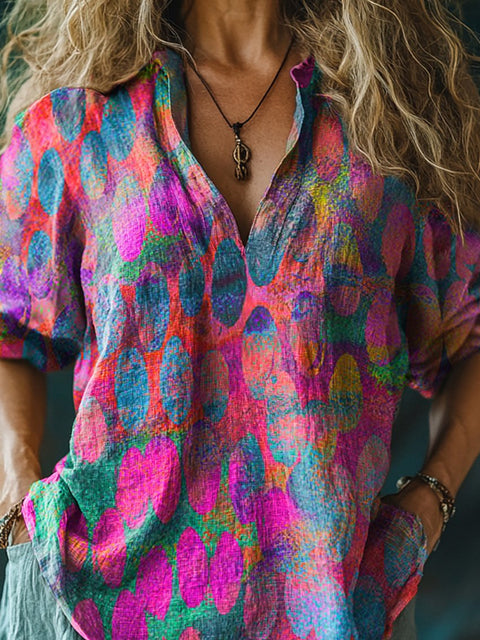 Abstract Geometric Pattern Printed Women's Casual Linen V-Neck Shirt