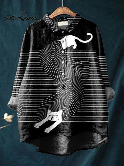 Women's Funny Cat Art Print Casual Cotton And Linen Shirt