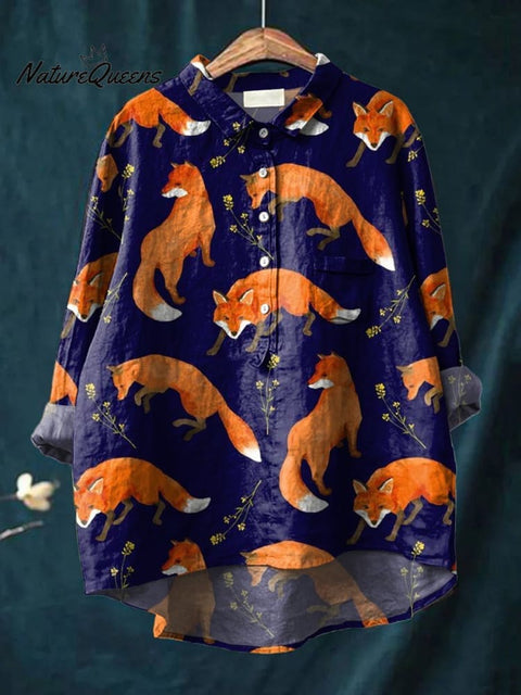 Women's Little Fox Flowers Print Casual Cotton And Linen Shirt