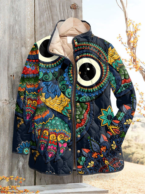 Women's Retro Owl Print  Casual Quilted Jacket