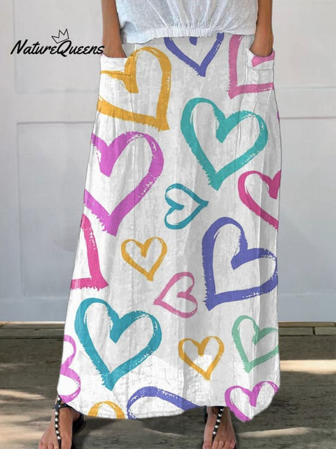Lovely Line Drawing Hearts Pattern Printed Women's Linen Pocket Skirt
