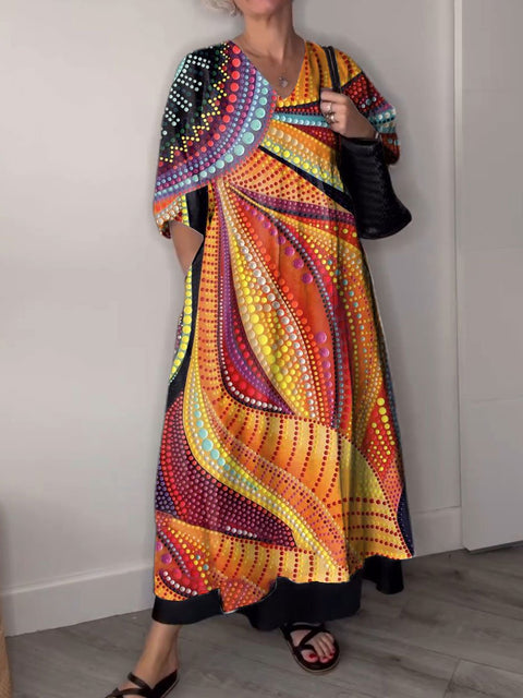Women's Geometry Retro  Art Print Pocket V-neck Cotton Dress