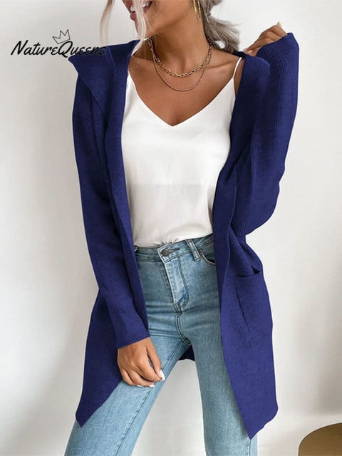 Autumn and Winter Women's Hooded Pit Knitted Sweater Cardigan Jacket