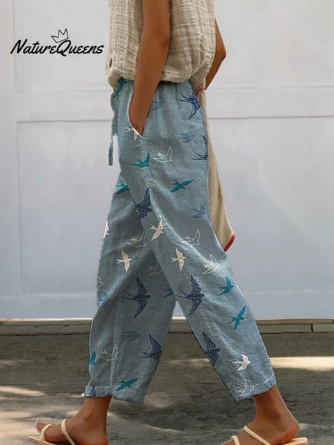 Lovely Swallow Pattern Printed Women's 100 %Cotton Casual Pants