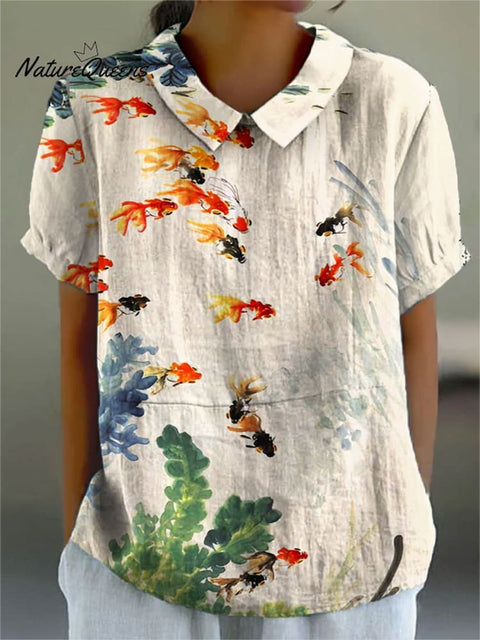 Women's Fish Art Print Casual Cotton And Linen Shirt