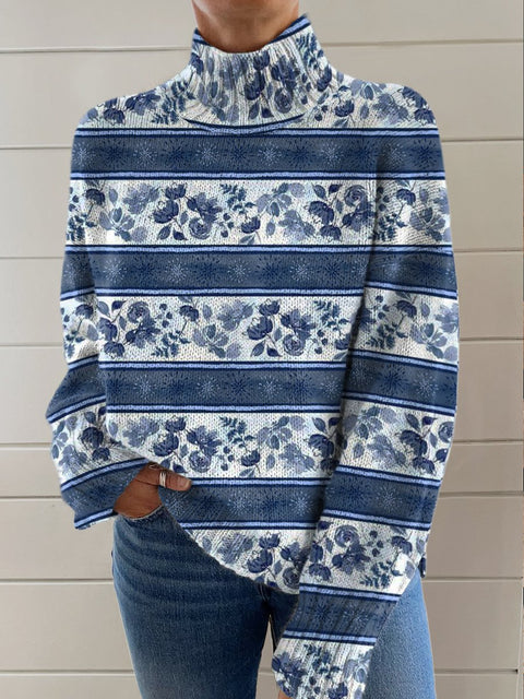 Blue Horizontal Striped Flowers Art Print Knit Turtleneck Pullover Sweater