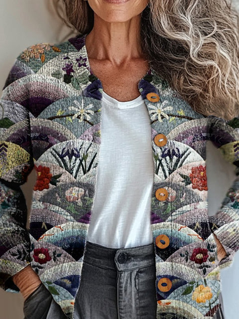 Retro Patchwork Pattern Printed Buttoned Cardigan Sweater